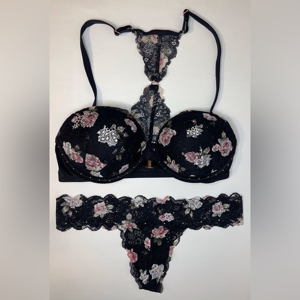 Victoria's Secret‎ NWOT Set of 2 Black Floral Lace Bra 32C|Panties Size S